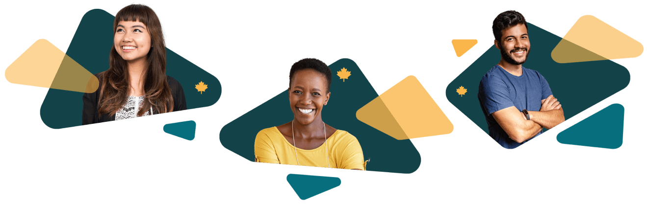 Three smiling people on backgrounds with geometric shapes of teal and yellow, with small yellow maple leaves
