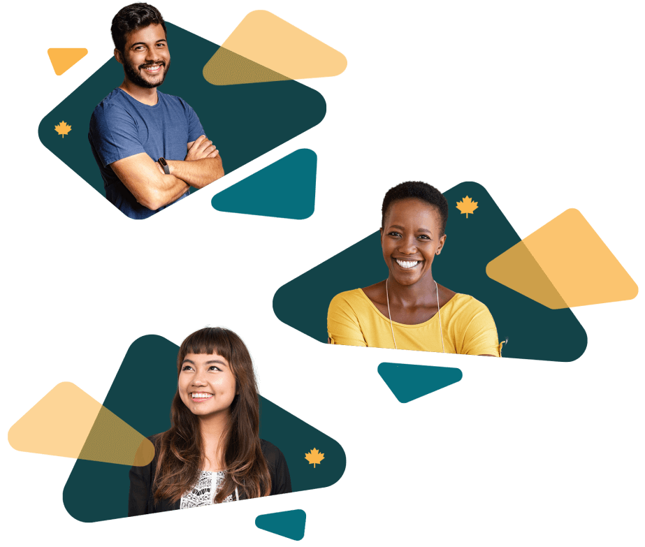 Three smiling people on backgrounds with geometric shapes of teal and yellow, with small yellow maple leaves