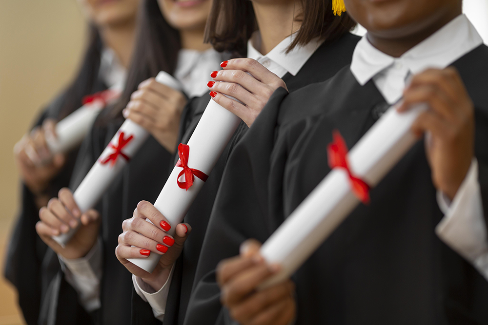 graduates with gowns and certificates